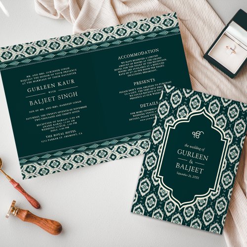 Dark Teal Ikat All in One Anand Karaj Sikh Wedding Invitation