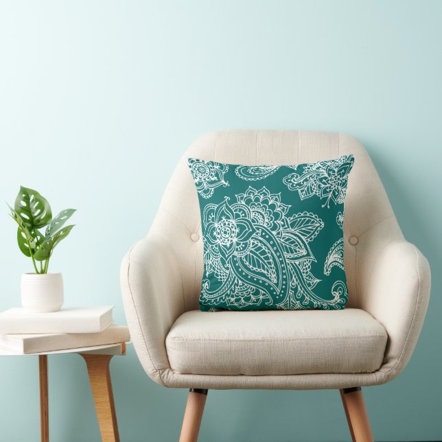 Dark Teal Illustrated Bohemian Paisley Henna Throw Pillow (Chair)