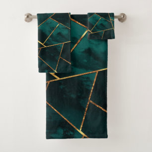 Dark Teal Ink Copper Gold Geometric Glam #1 Bath Towel Set
