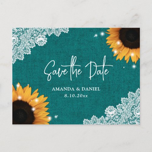 Dark Teal Lace Sunflower Save The Date Postcard