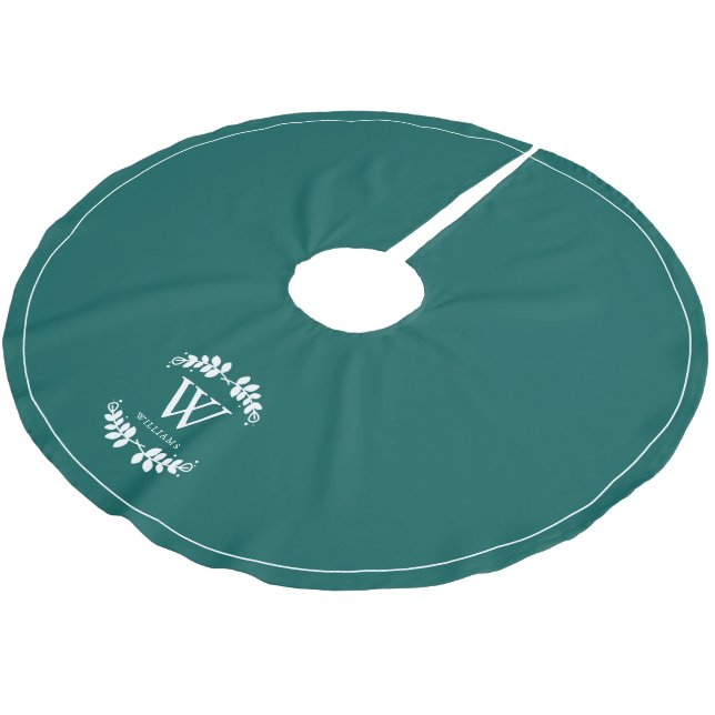 Dark Teal Laurel Family Monogram Custom Brushed Polyester Tree Skirt (Angled)