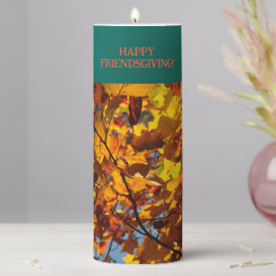 Dark Teal Leaves Friendsgiving Thanksgiving Pillar Candle