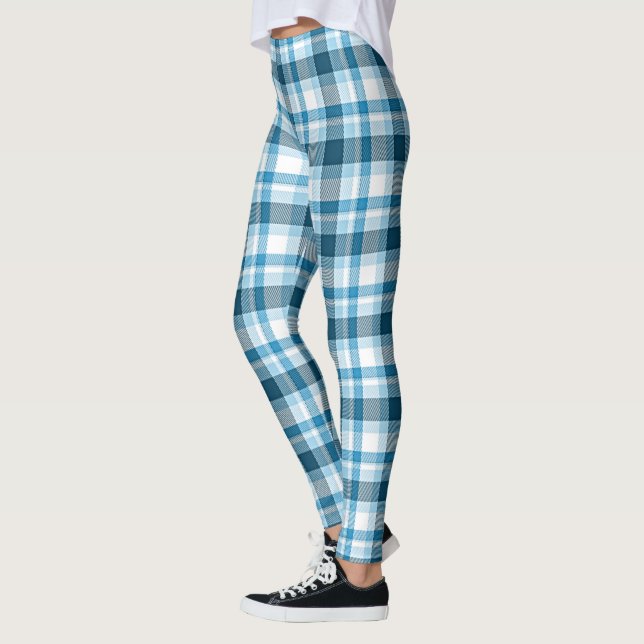 Dark Teal Light Blue White Plaid Tartan Check Leggings (Left)