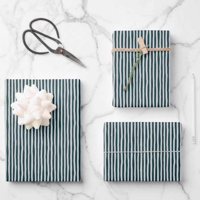 Dark Teal & Light Gray Wonky Stripes Wrapping Paper Sheets (Front)