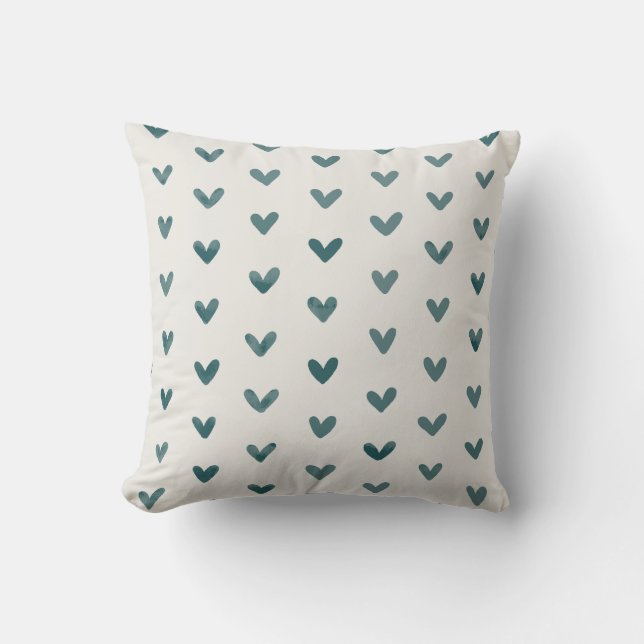 Dark Teal Love Hearts Pattern OffWhite Throw Pillow (Front)