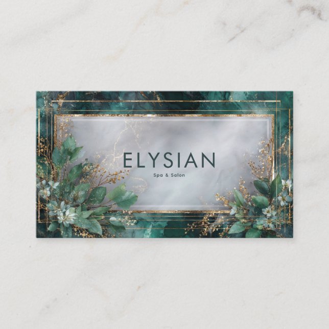 Dark Teal Marble Gold Geometric Eucalyptus Business Card (Front)