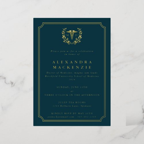 Dark Teal MD CaduceusLaurel Wreath Graduation Foil Invitation