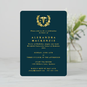 Dark Teal MD Caduceus + Laurel Wreath Graduation Foil Invitation