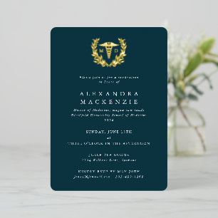 Dark Teal MD Caduceus + Laurel Wreath Graduation Foil Invitation