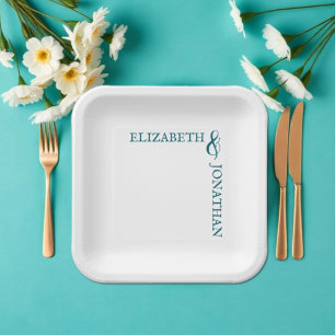 Dark Teal Modern Typography Wedding Paper Plates