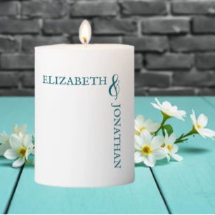 Dark Teal Modern Typography Wedding Pillar Candle