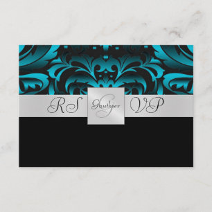 Dark Teal Monogram Half Damask RSVP Invitation