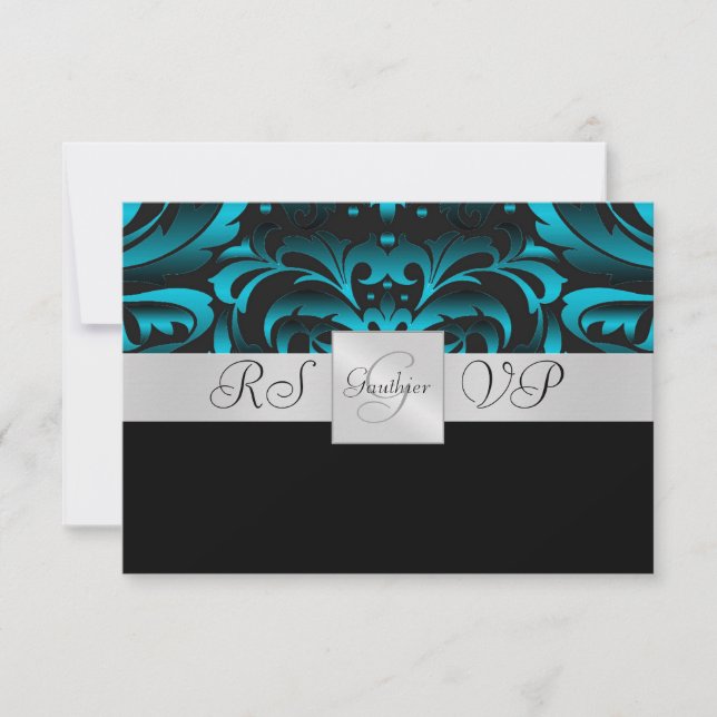 Dark Teal Monogram Half Damask RSVP Invitation (Front)