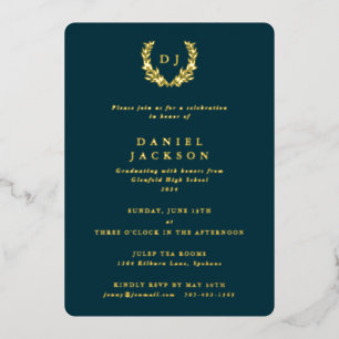 Dark Teal Monogram + Laurel Wreath Graduation Foil Invitation