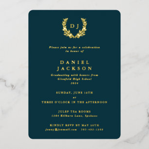 Dark Teal Monogram + Laurel Wreath Graduation Foil Invitation