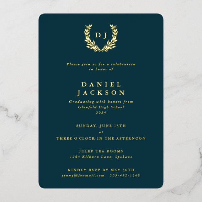 Dark Teal Monogram + Laurel Wreath Graduation Foil Invitation (Front)