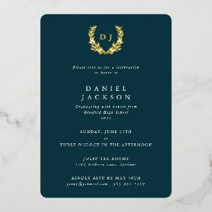 Dark Teal Monogram + Laurel Wreath Graduation Foil Invitation