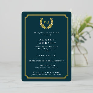 Dark Teal Monogram + Laurel Wreath Graduation Foil Invitation