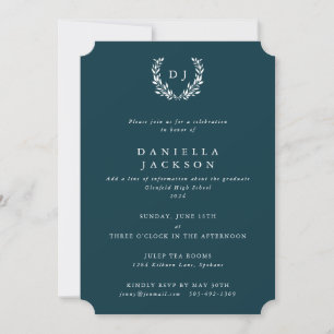 Dark-Teal Monogram Laurel Wreath Graduation Invitation