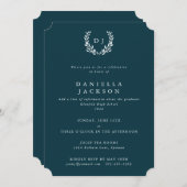 Dark-Teal Monogram Laurel Wreath Graduation Invitation (Front/Back)