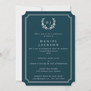 Dark Teal Monogram Laurel Wreath Graduation Invitation