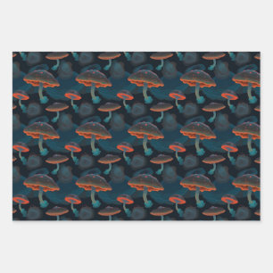 Dark Teal Mushroom Cottagecore Nature Pattern Wrapping Paper Sheets