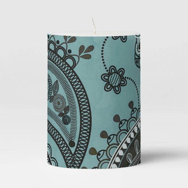 Dark teal paisley pillar candle (Front)