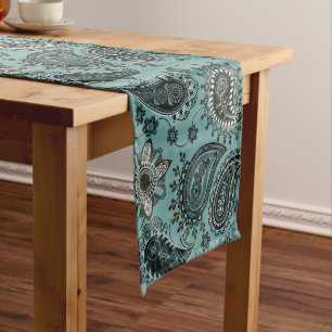 Dark teal paisley short table runner