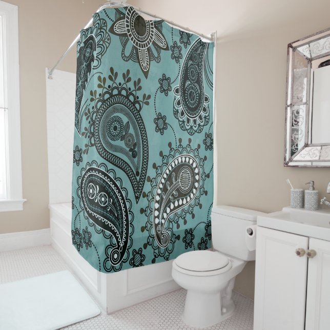 Dark teal paisley shower curtain (In Situ)