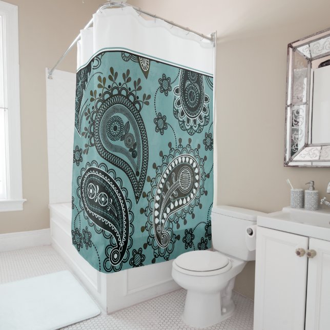 Dark teal paisley shower curtain (In Situ)
