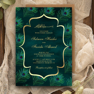 Dark Teal Peacock Feathers Muslim Wedding Invitation
