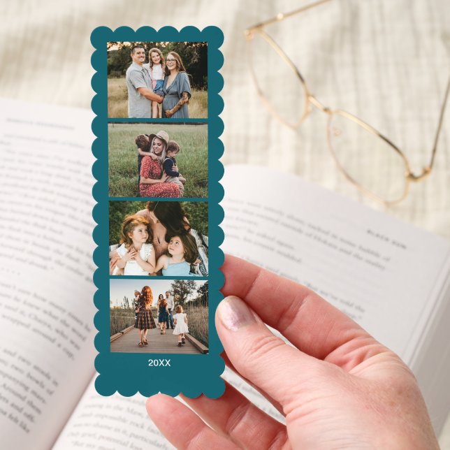 Dark Teal Personalized 4 Family Photos Custom Text Bookmarks (Hand)