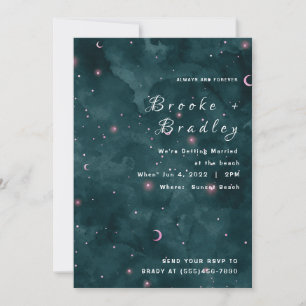 Dark Teal Pink Moonlit Wedding Invitation
