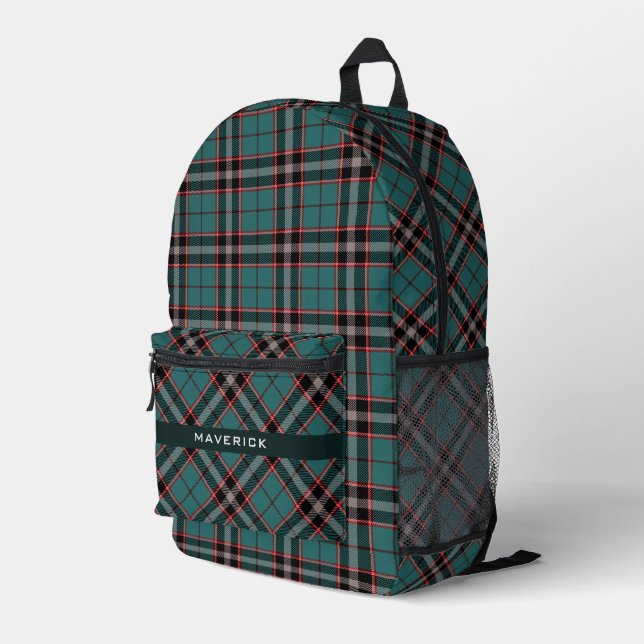 Dark Teal Plaid Pattern Chic Name Modern Masculine Printed Backpack (Back Corner Right)