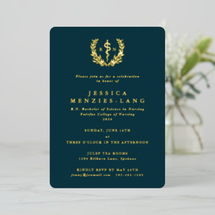 Dark Teal Registered Nurse Asclepius+Laurel Wreath Foil Invitation