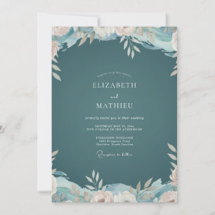 Dark Teal Romantic Floral Wedding Invitation