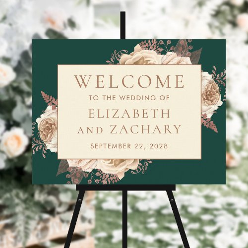 Dark Teal Rose Gold Ivory Floral Wedding Welcome Foam Board