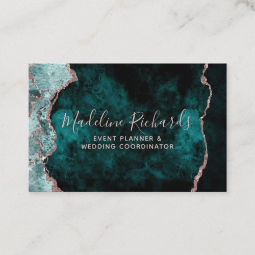 Dark Teal  Rose Gold Watercolor Marble Agate Business Card