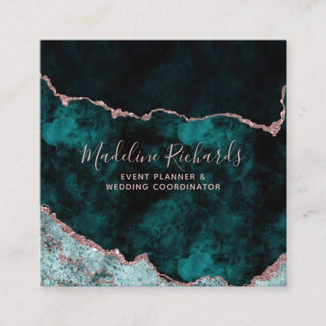 Dark Teal & Rose Gold Watercolor Marble Agate Square Business Card (Front)