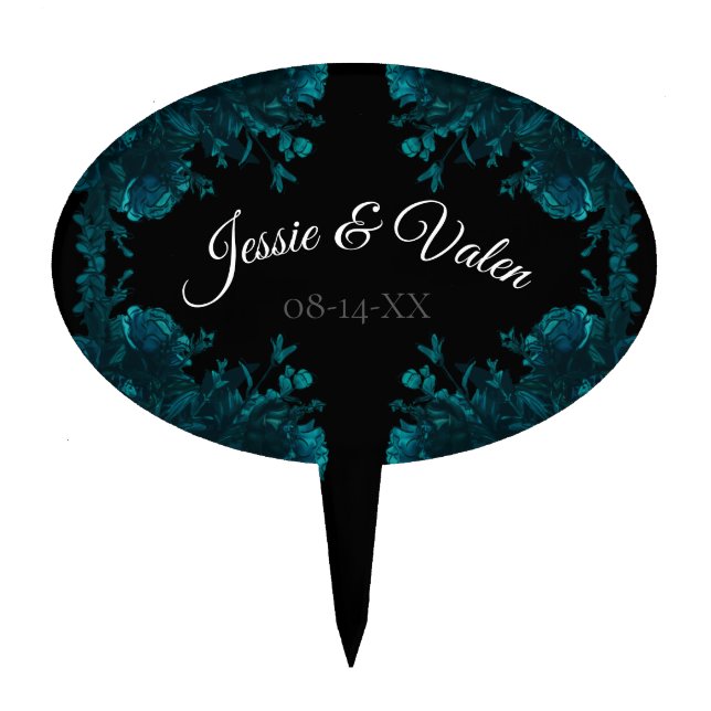 Dark Teal Roses Wedding Cake Topper (Front)