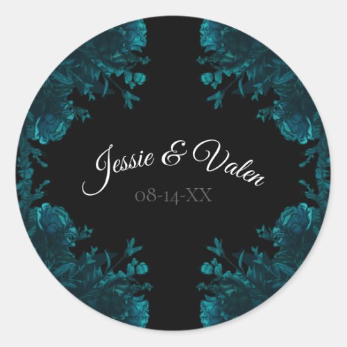 Dark Teal Roses Wedding Classic Round Sticker