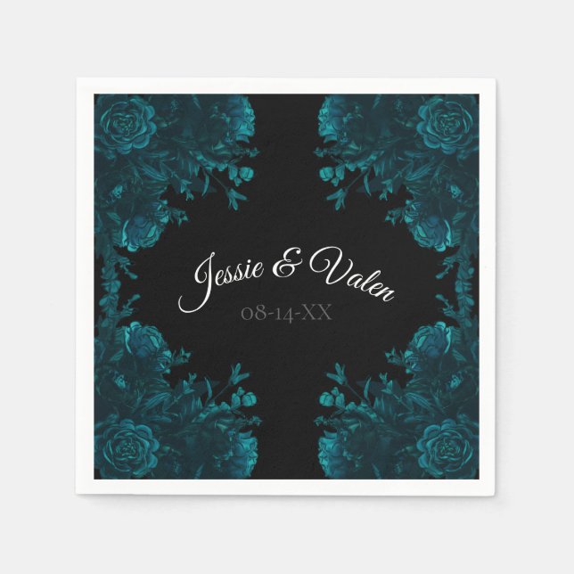 Dark Teal Roses Wedding Napkins (Front)
