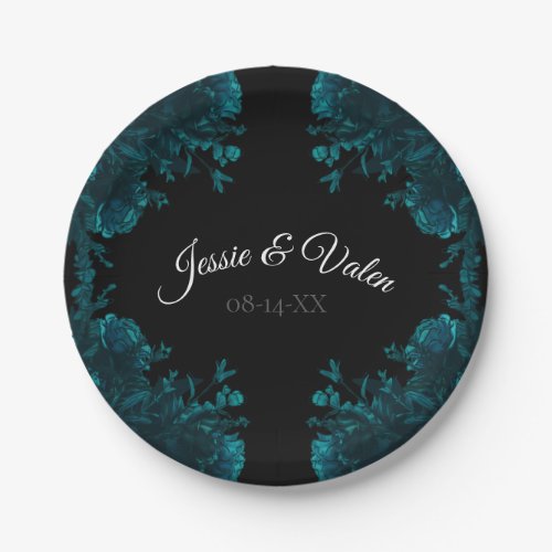 Dark Teal Roses Wedding Paper Plates