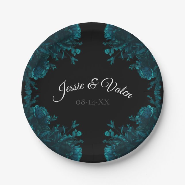 Dark Teal Roses Wedding Paper Plates (Front)