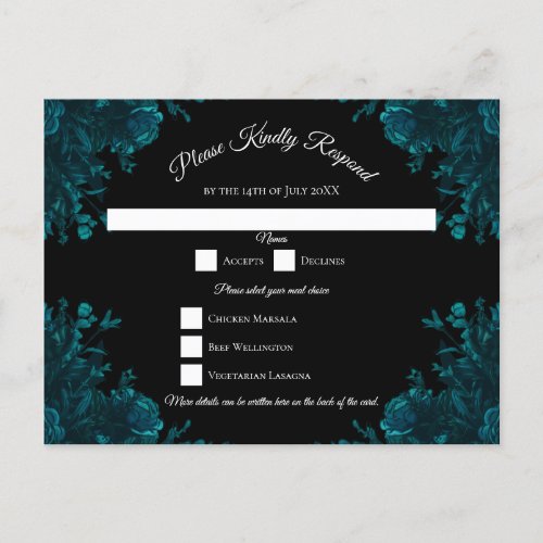 Dark Teal Roses Wedding RSVP Reply Holiday Postcar