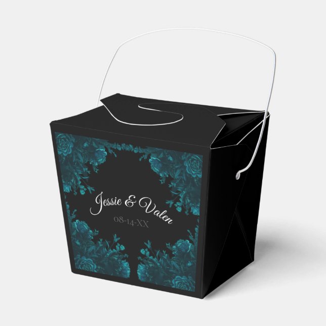 Dark Teal Roses Wedding TakeOut Favor Box (Front Side)