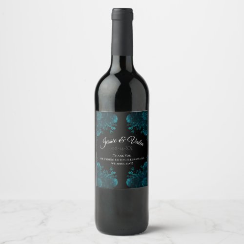 Dark Teal Roses Wedding Wine Label