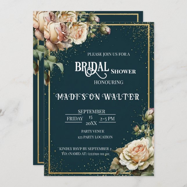 Dark Teal Rustic Rose Bridal Shower Invitation (Front/Back)