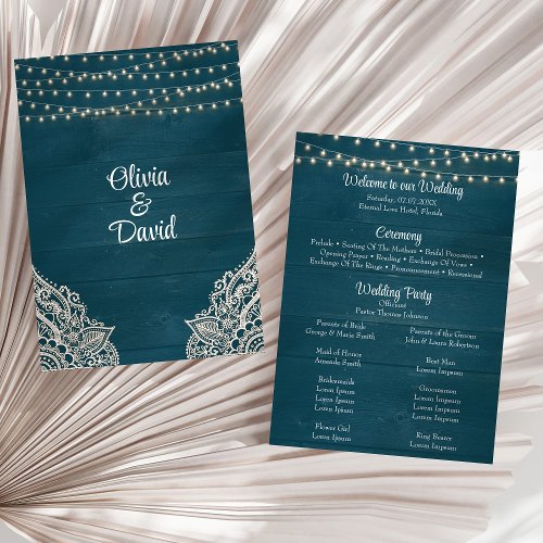 Dark Teal Rustic Wood String Light Wedding Program