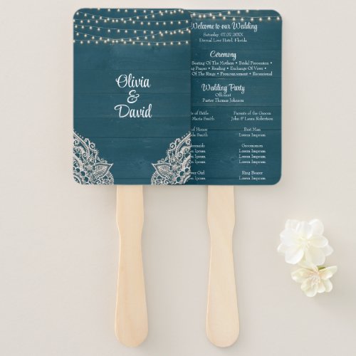 Dark Teal Rustic Wood String Light Wedding Program Hand Fan